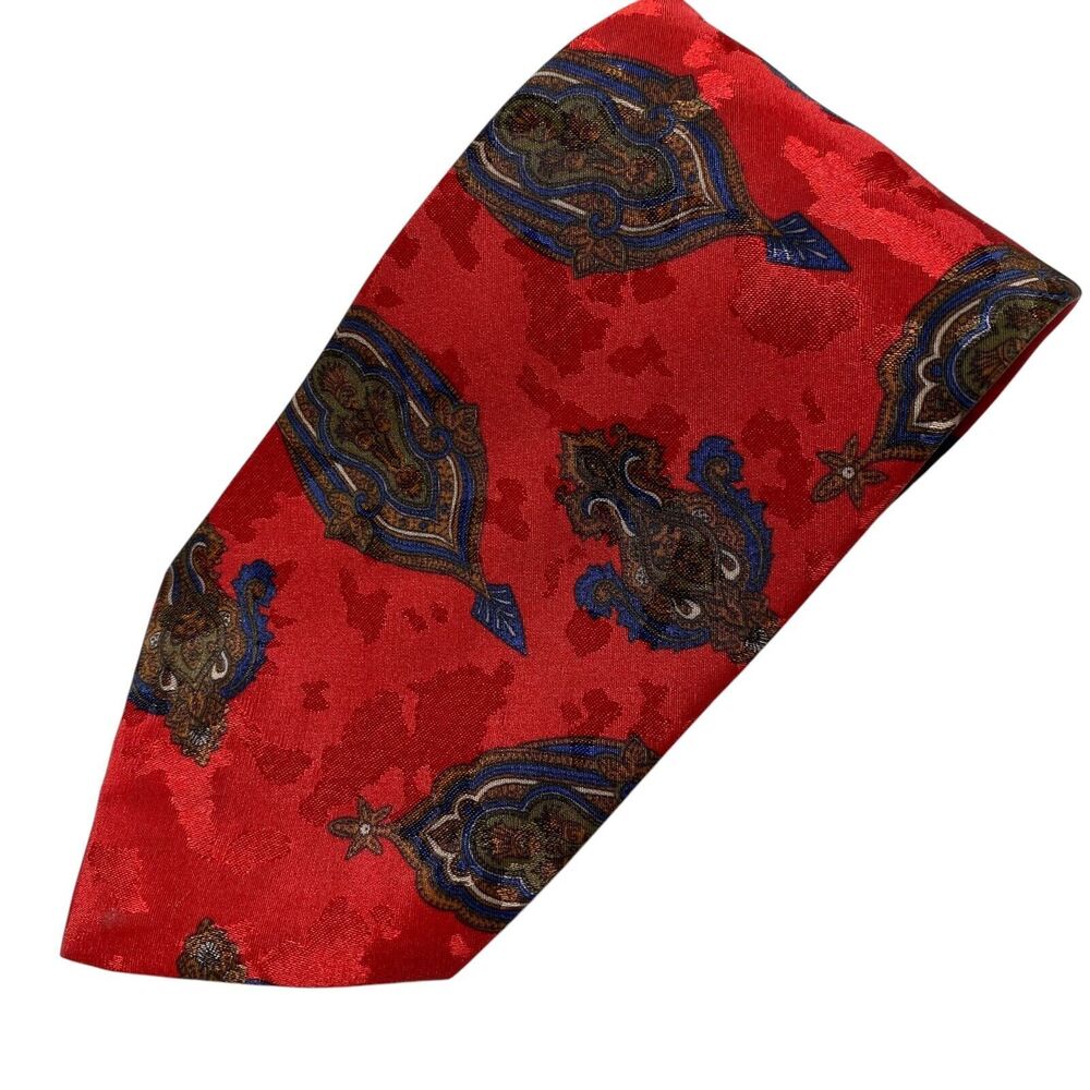 Vtg Cappuccino Gold Clasp Tie Necktie Polyester Red Print Classic Office
